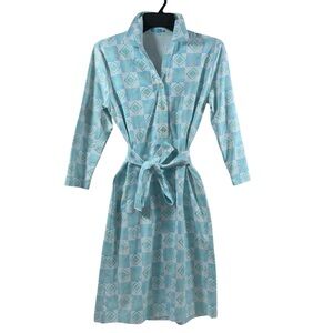 J. McLaughlin Teal Blue White Calla Trellis Tile  3/4 Long Sleeve Dress S